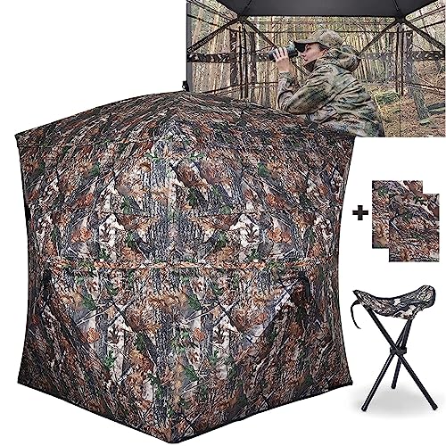 XProudeer Hunting Blind See Through Ground Blinds with 270 Degree,2-3 Person Pop Up Portable Hunting Blinds with Chair,Camouflage Hunting Tent for Deer & Turkey Hunting