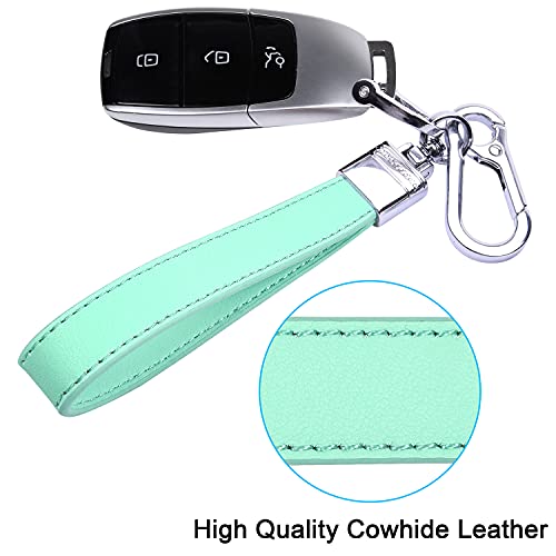 Wisdompro Genuine Leather Car Keychain, Universal Heavy Duty Leather Key FOB Keychain Key Chains Women for Car Keys, 360 Degree Rotation, with Anti-lost D-ring and 3 Keyrings - Mint