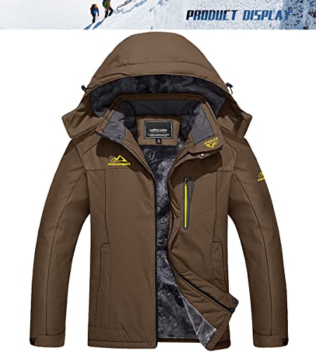 TACVASEN Men's Skiing Jacket with Pockets Winter Warm Fleece Lined Athletic Jacket, Brown, M