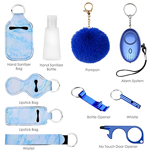 AMIR Safety Keychain Set for Women and Kids, 10 Pcs Safety Keychain Accessories, Self Defense Keychain Set for Girls with Safe Sound Personal Alarm, No Touch Door Opener, Whistle and Pom, Blue