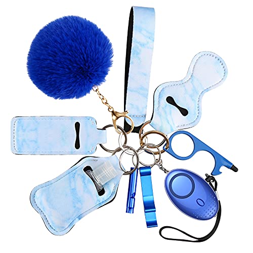 AMIR Safety Keychain Set for Women and Kids, 10 Pcs Safety Keychain Accessories, Self Defense Keychain Set for Girls with Safe Sound Personal Alarm, No Touch Door Opener, Whistle and Pom, Blue