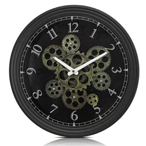 clxeast 15 inch real moving gear wall clock, vintage industrial steampunk aesthetics art home decor clock, small modern classic metal black gold wall clock for living room decor,kitchen, office