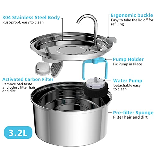 Tomxcute Cat Water Fountain, 3.2L/108oz Automatic Stainless Steel Pet Fountain Dog Water Dispenser, Ultra-Quiet Pump and 3 Replacement Filters & for Cats, Dogs, Multiple Pets