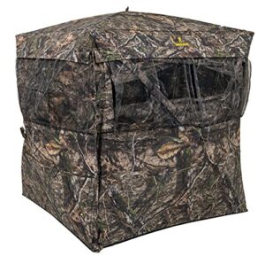 browning eclipse tent hunting blind featuring 360 degree windows with silent open, durable fiberglass poles, gear pockets, and brush loops for extra concealment, mossy oak country dna