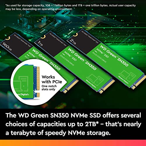 Western Digital 1TB WD Green SN350 NVMe Internal SSD Solid State Drive - Gen3 PCIe, QLC, M.2 2280, Up to 3,200 MB/s - WDS100T3G0C