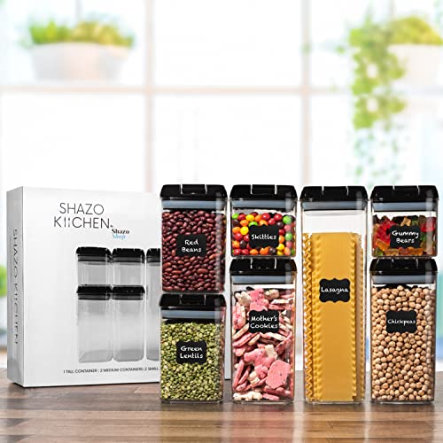 Shazo Airtight Container Set for Food Storage - 7 Piece Set + Heavy Duty Plastic - BPA Free - Airtight Storage Clear Plastic w/Black Interchangeable Lids kitchen counter storage Bin -18 Labels+Marker
