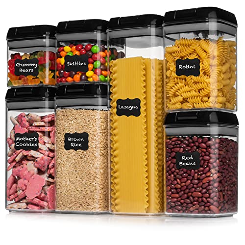 Shazo Airtight Container Set for Food Storage - 7 Piece Set + Heavy Duty Plastic - BPA Free - Airtight Storage Clear Plastic w/Black Interchangeable Lids kitchen counter storage Bin -18 Labels+Marker