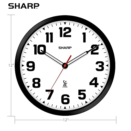 SHARP Atomic Analog Wall Clock - 12" Black Stylish Frame - Sets Automatically- Battery Operated - Easy to Read - Easy to Use – Modern Design and Style