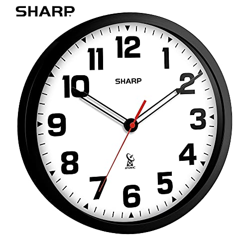 SHARP Atomic Analog Wall Clock - 12" Black Stylish Frame - Sets Automatically- Battery Operated - Easy to Read - Easy to Use – Modern Design and Style
