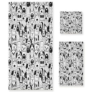 attx bathroom decorative towel set with black white doodle dogs print, 3-piece set with 30x60 inch bath towel, 16x28 inch hand towel & 13x13 inch washcloth