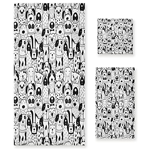 ATTX Bathroom Decorative Towel Set with Black White Doodle Dogs Print, 3-Piece Set with 30x60 inch Bath Towel, 16x28 inch Hand Towel & 13x13 inch Washcloth