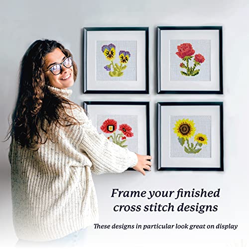 Cross Stitch Kits for Beginners (Flower Theme - 6.75 Inch - 4 Pack 1 x Embroidery Hoop) DIY Embroidery Needlepoint Patterns for Adults, Includes Poppy, Rose, Sunflower and Pansy. Complete Set Included