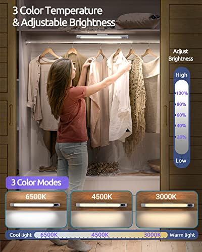 Motion Sensor Light Indoor, 64 LED Closet Lights with Digital Display, 14in Battery Operated Under Cabinet Lights for Closet/Wardrobe/Kitchen, Rechargeable Stick-on Night Light with 3 Color Temps