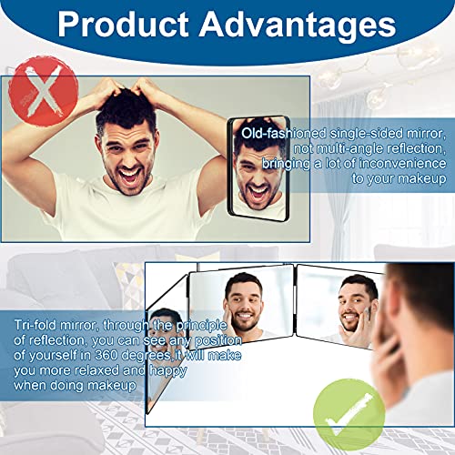 LMZNXCZ 3 Way Mirror for Self Hair Cutting,360 Haircuts Mirror Men for Barber Use Tools,to See Back of Head,Tri Fold Mirror with Portable Height Adjustable Telescoping Hooks