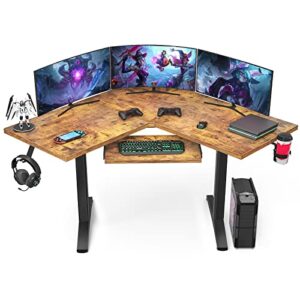 ecoprsio l shaped gaming desk corner desk, home office computer desk with keyboard tray, large pc gaming desk gamer workstation, computer gaming desk table with cup holder and headphone, rustic brown
