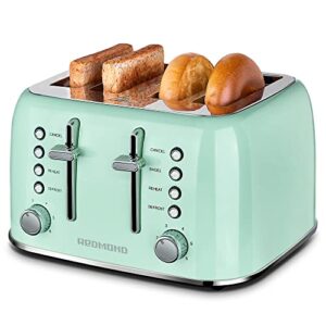 redmond toaster 4 slice, retro stainless steel toaster with extra wide slots bagel, defrost, reheat function, dual independent control panel, removable crumb tray, 6 shade settings and high lift lever, aqua green