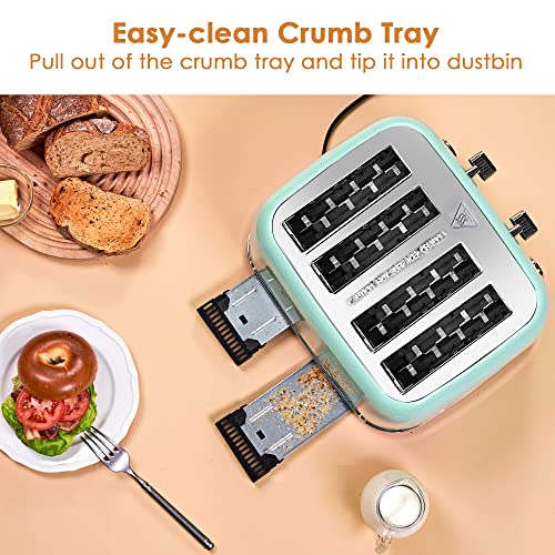 REDMOND Toaster 4 Slice, Retro Stainless Steel Toaster with Extra Wide Slots Bagel, Defrost, Reheat Function, Dual Independent Control Panel, Removable Crumb Tray, 6 Shade Settings and High Lift Lever, Aqua Green