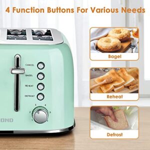 REDMOND Toaster 4 Slice, Retro Stainless Steel Toaster with Extra Wide Slots Bagel, Defrost, Reheat Function, Dual Independent Control Panel, Removable Crumb Tray, 6 Shade Settings and High Lift Lever, Aqua Green