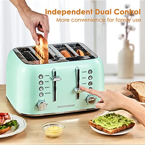 REDMOND Toaster 4 Slice, Retro Stainless Steel Toaster with Extra Wide Slots Bagel, Defrost, Reheat Function, Dual Independent Control Panel, Removable Crumb Tray, 6 Shade Settings and High Lift Lever, Aqua Green