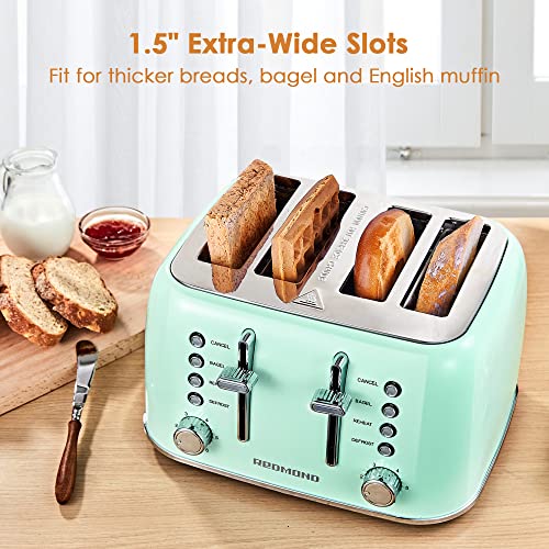 REDMOND Toaster 4 Slice, Retro Stainless Steel Toaster with Extra Wide Slots Bagel, Defrost, Reheat Function, Dual Independent Control Panel, Removable Crumb Tray, 6 Shade Settings and High Lift Lever, Aqua Green