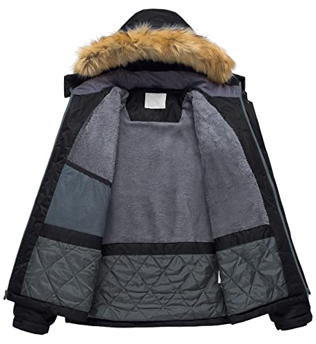 Pursky Men's Ski Jackets Skiing Warm Winter Coats Detachable Fur Hooded Black XL