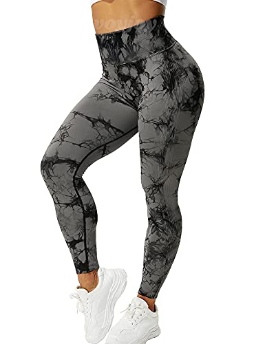 VOYJOY Tie Dye Seamless Leggings for Women High Waist Yoga Pants, Scrunch Butt Lifting Elastic Tights (#4 Black Gray, X-Large)