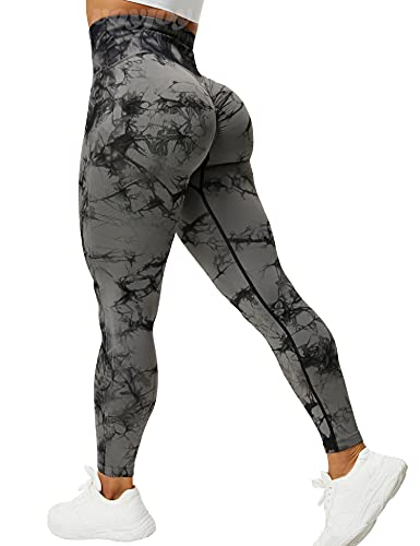 VOYJOY Tie Dye Seamless Leggings for Women High Waist Yoga Pants, Scrunch Butt Lifting Elastic Tights (#4 Black Gray, X-Large)