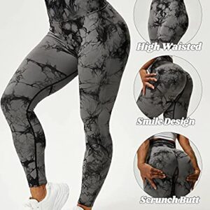 VOYJOY Tie Dye Seamless Leggings for Women High Waist Yoga Pants, Scrunch Butt Lifting Elastic Tights (#4 Black Gray, X-Large)