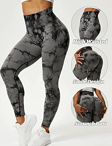 VOYJOY Tie Dye Seamless Leggings for Women High Waist Yoga Pants, Scrunch Butt Lifting Elastic Tights (#4 Black Gray, X-Large)