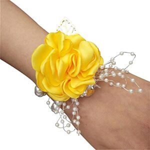 WeddingBobDIY 4Pieces/lot Groom Boutonniere Man Women Bride Wrist Corsage Silk Rose Pearls Wedding Flowers Party Decoration (Yellow, Wrist Corsage)