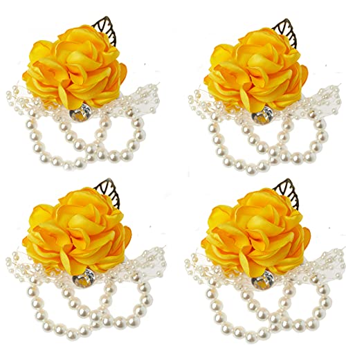 WeddingBobDIY 4Pieces/lot Groom Boutonniere Man Women Bride Wrist Corsage Silk Rose Pearls Wedding Flowers Party Decoration (Yellow, Wrist Corsage)