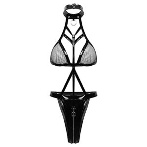 CofeeMO Women's One Piece Black Lingerie Leather Mesh Hollow Bikini Halter Hollow for Sex Naughty Play