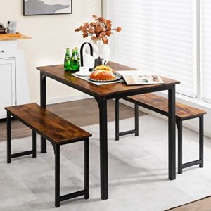 Moccha 3-Piece Dining Table Set for 4, 43" Modern Dining Room Table Set w/2 Benches & Metal Frame, Space Saving Kitchen Table Set for Living Room, Breakfast, Small Space (Rustic Brown & Black)