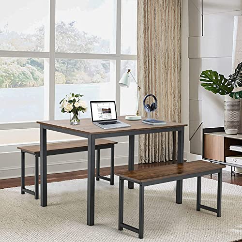 Moccha 3-Piece Dining Table Set for 4, 43" Modern Dining Room Table Set w/2 Benches & Metal Frame, Space Saving Kitchen Table Set for Living Room, Breakfast, Small Space (Rustic Brown & Black)