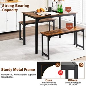 Moccha 3-Piece Dining Table Set for 4, 43" Modern Dining Room Table Set w/2 Benches & Metal Frame, Space Saving Kitchen Table Set for Living Room, Breakfast, Small Space (Rustic Brown & Black)