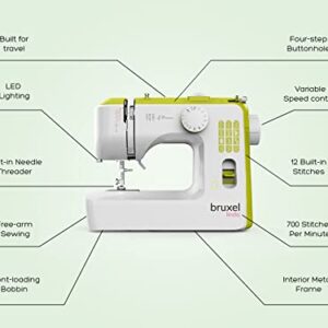 Bruxel Linda Portable Sewing Machine | Easy-To-Use Beginners Sewing Machine with 12-Stitches |Foot Pedal Included | Sewing Machine Accessories Green