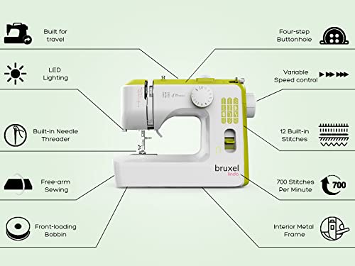 Bruxel Linda Portable Sewing Machine | Easy-To-Use Beginners Sewing Machine with 12-Stitches |Foot Pedal Included | Sewing Machine Accessories Green