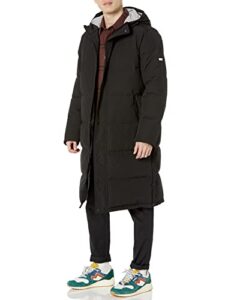 dkny men's arctic cloth hooded extra long parka jacket, black, small