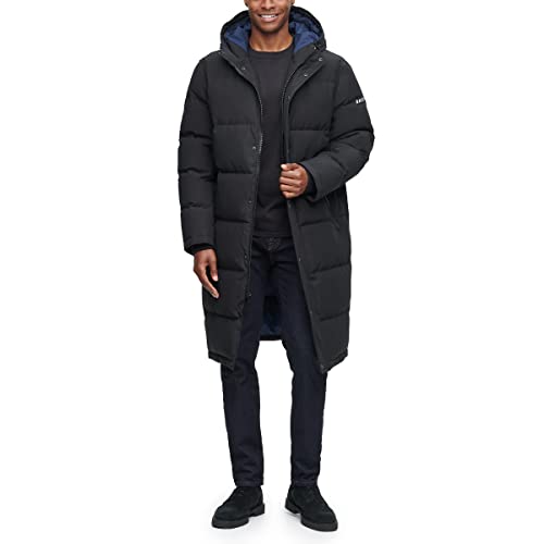 DKNY Men's Arctic Cloth Hooded Extra Long Parka Jacket, Black, Small