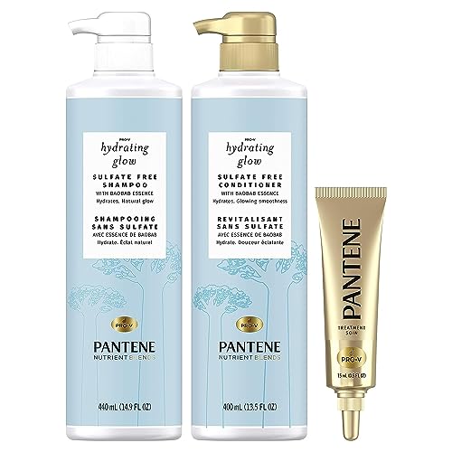 Pantene Nutrient Blends Hydrating Glow With Baobab Essence Sulfate-Free 14.8 oz Shampoo, 13.5 oz Conditioner, Intense Rescue Shot Treatment 0.5 oz for Dry Hair