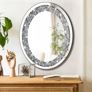dmdfirst crystal crushed diamond oval shaped glam bling silver mirror for wall decoration 16x20x0.9 inch wall hang frameless sparkly mirror glass stunning home diamond decor