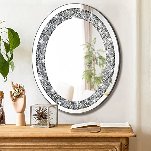 DMDFIRST Crystal Crushed Diamond Oval Shaped Glam Bling Silver Mirror for Wall Decoration 16x20x0.9 inch Wall Hang Frameless Sparkly Mirror Glass Stunning Home Diamond Decor