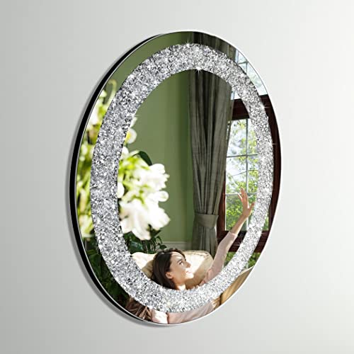 DMDFIRST Crystal Crushed Diamond Oval Shaped Glam Bling Silver Mirror for Wall Decoration 16x20x0.9 inch Wall Hang Frameless Sparkly Mirror Glass Stunning Home Diamond Decor