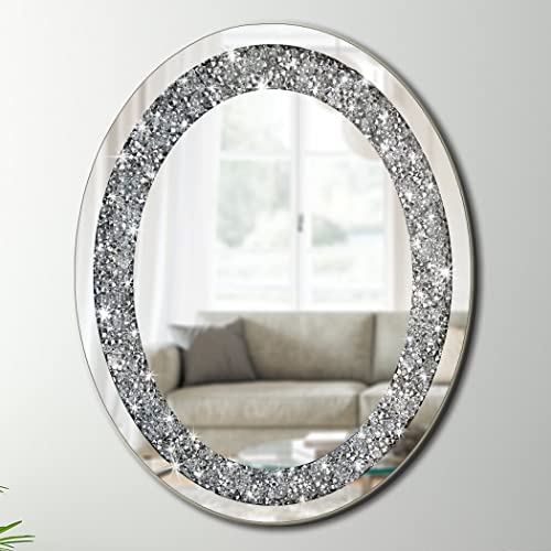 DMDFIRST Crystal Crushed Diamond Oval Shaped Glam Bling Silver Mirror for Wall Decoration 16x20x0.9 inch Wall Hang Frameless Sparkly Mirror Glass Stunning Home Diamond Decor