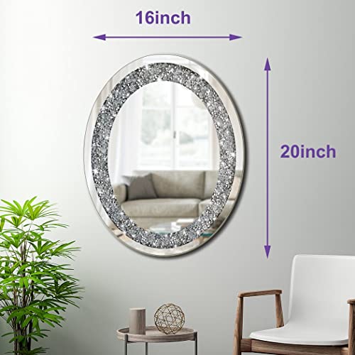 DMDFIRST Crystal Crushed Diamond Oval Shaped Glam Bling Silver Mirror for Wall Decoration 16x20x0.9 inch Wall Hang Frameless Sparkly Mirror Glass Stunning Home Diamond Decor