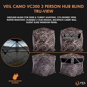 VEIL CAMO VC300 3-Person Hub Blind Tru-View – Ground Blind for Deer Hunting, 270-Degree View, Water Resistant, Durable 5-Hub Design, Backpack Carry Bag, Silent Slide Window Panels