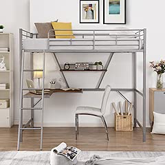 metal loft bed with l-shaped desk and shelf, silver