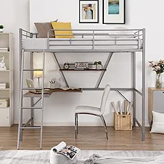 Metal Loft Bed with L-Shaped Desk and Shelf, Silver