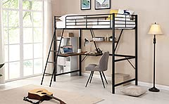 metal loft bed with l-shaped desk and shelf, black