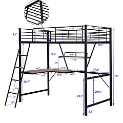 Metal Loft Bed with L-Shaped Desk and Shelf, Black